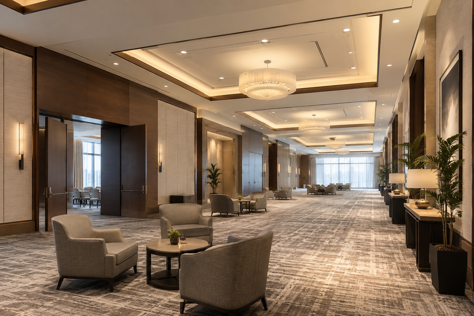 Illustrative hotel convention lobby and meeting foyer