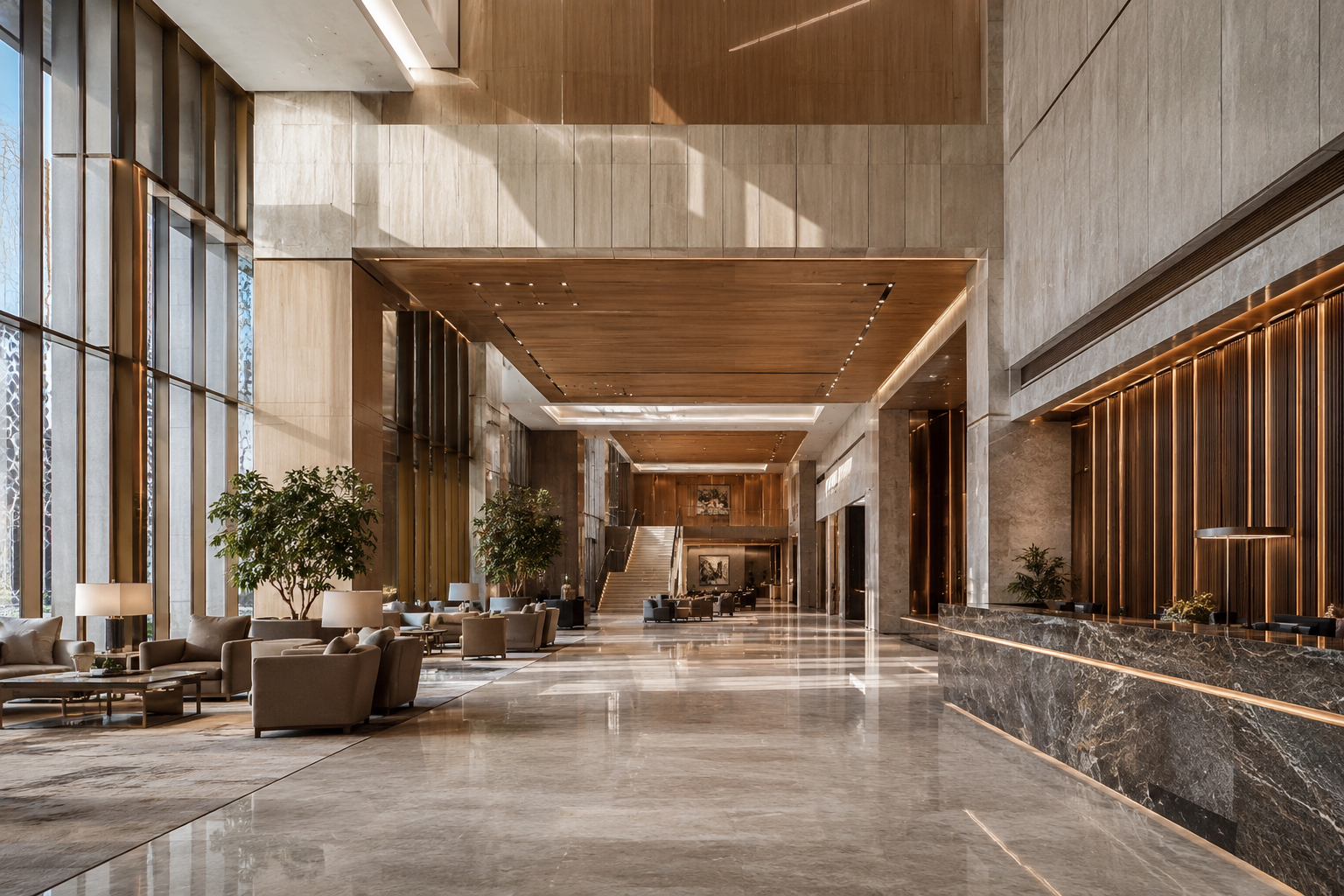 Illustrative luxury hotel lobby and interior arrival experience